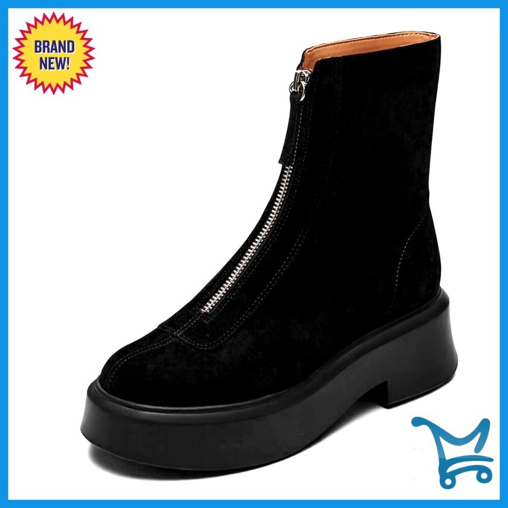 Leather Platform Chelsea Booties with Block Heel and Zipper